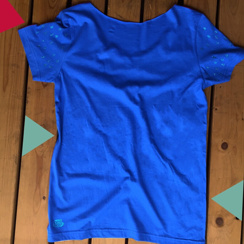 Womens Cloud lovers T-Shirt. Blue rainy ladies top with Peter Pan style collar and glitter raindrop sleeves. image 3