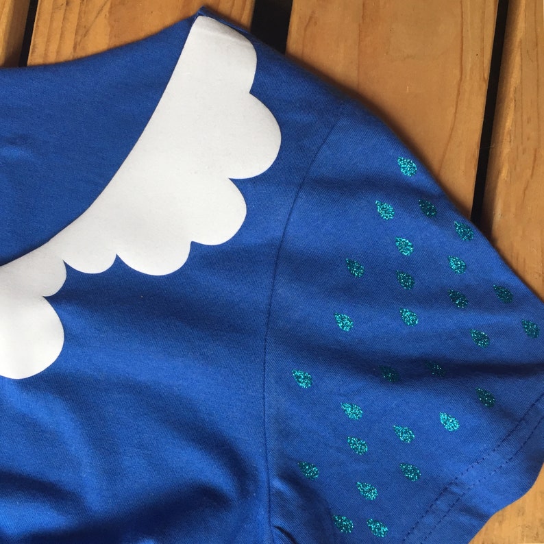 Womens Cloud lovers T-Shirt. Blue rainy ladies top with Peter Pan style collar and glitter raindrop sleeves. image 5