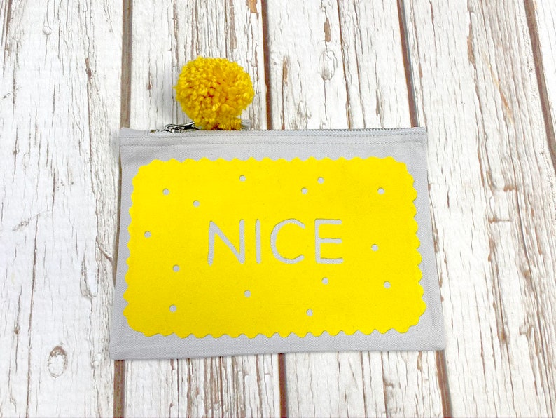 Nice pouch. British Biscuit pencil case. Mellow yellow with PomPom. Cosmetic case, make-up bag image 1