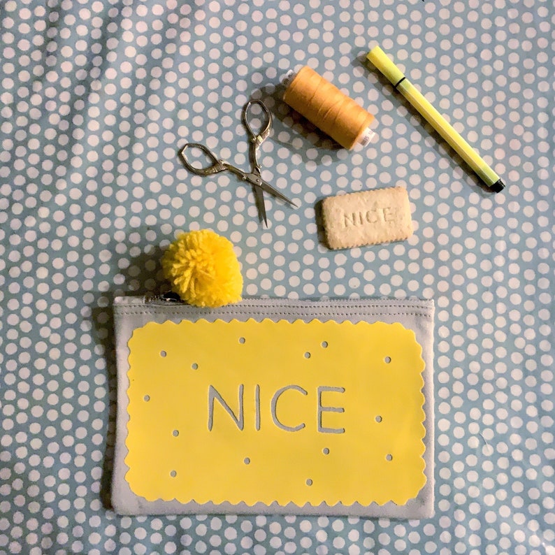 Nice pouch. British Biscuit pencil case. Mellow yellow with PomPom. Cosmetic case, make-up bag image 2