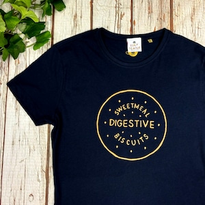 Digestive Biscuit T-Shirt. Organic cotton tee! Ladies&#39;s black top, biscuit lover clothing XS-2XL. Gifts for her, UK seller