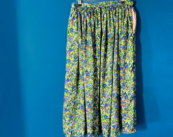 Green floral Midi full Skirt- handmade clothing, plus sizes, made to order with pockets! Floaty polyester ditsy print.