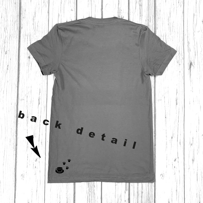 Black Cat Club Woman's Heather Grey top with teacup and paw prints. Ladies T-Shirt. Cat Lover image 4