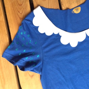 Womens Cloud lovers T-Shirt. Blue rainy ladies top with Peter Pan style collar and glitter raindrop sleeves. image 1
