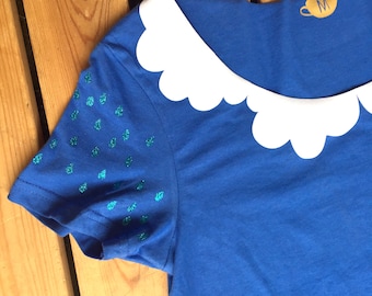 Womens Cloud lovers T-Shirt. Blue rainy ladies top with Peter Pan style collar and glitter raindrop sleeves.