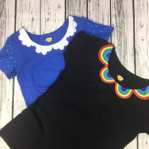 Womens Cloud lovers T-Shirt. Blue rainy ladies top with Peter Pan style collar and glitter raindrop sleeves. image 6