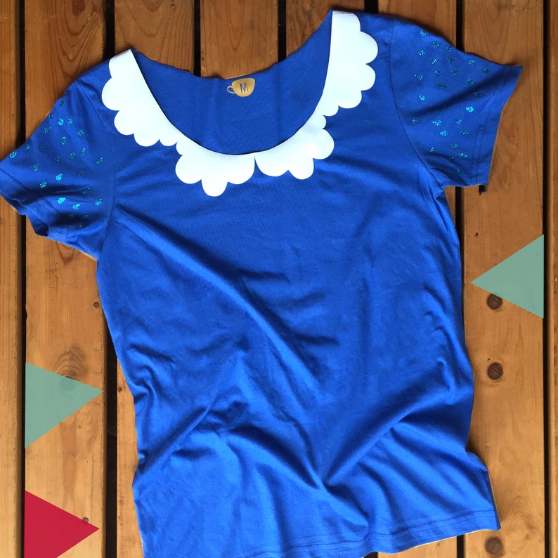 Womens Cloud lovers T-Shirt. Blue rainy ladies top with Peter Pan style collar and glitter raindrop sleeves. image 2