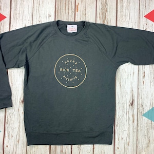 Rich Tea Biscuit Sweatshirt. Grey crew top, British biscuit lover clothing. Charcoal Sweater