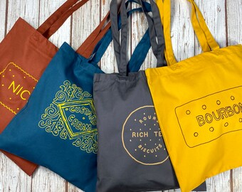 Organic Cotton biscuit tote bag. Custard Cream, Bourbon, Nice, Rich Tea shopper. brown, yellow, blue, grey bag for life.