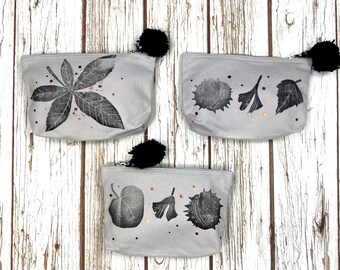 Leaf pouch. Lino cut printed pencil case. Black leaves with PomPom. Cosmetic case, make-up bag, nature lover