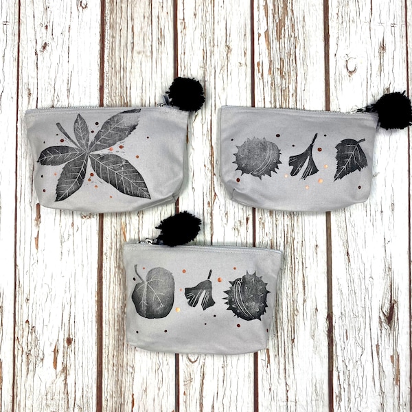 Leaf pouch. Lino cut printed pencil case. Black leaves with PomPom. Cosmetic case, make-up bag, nature lover