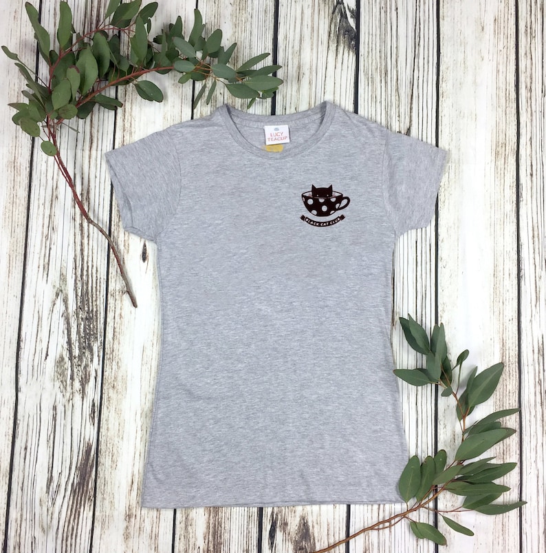 Black Cat Club Woman's Heather Grey top with teacup and paw prints. Ladies T-Shirt. Cat Lover image 1