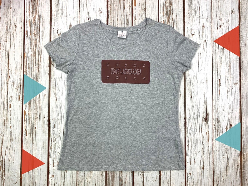 Bourbon Biscuit T-Shirt. Organic cotton Woman's Heather Grey top, Ladies clothing XS-XXL. Casual clothing for the sweet toothed image 2