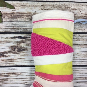 Bright Handmade Christmas Stocking patchwork, quilted, punch hook White, yellow, blue and pink colour block Ready to Ship image 4