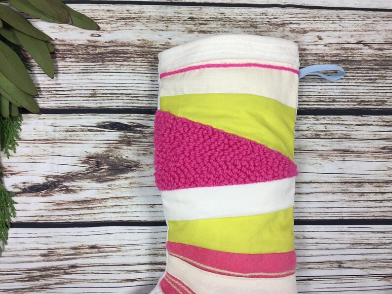Bright Handmade Christmas Stocking patchwork, quilted, punch hook White, yellow, blue and pink colour block Ready to Ship image 4
