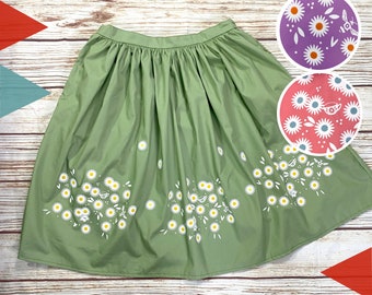 Summer Daisy print Skirt.  Green, pink or lilac cotton clothing. Elasticated waist, pockets, below/above the knee length. Made to order!