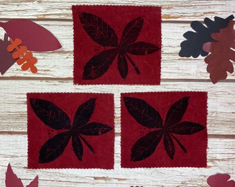 Red velvet fabric lino prints. Leaf based wall prints. Horse Chestnut tree Burgundy Black