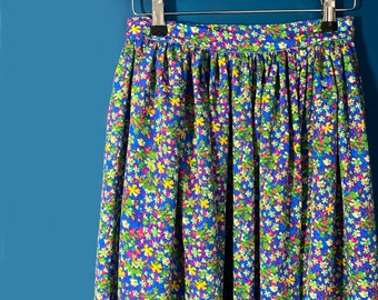 Blue floral Midi full Skirt- handmade clothing, plus sizes, made to order with pockets! Floaty polyester green, pink ditsy print.