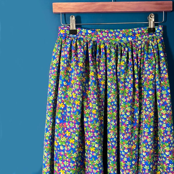 Blue floral Midi full Skirt- handmade clothing, plus sizes, made to order with pockets! Floaty polyester green, pink ditsy print.