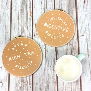 Biscuit embroidery hoop-Digestive & Rich Tea wall art. UK Biscuit dunking tea lover gift 7&quot; ring