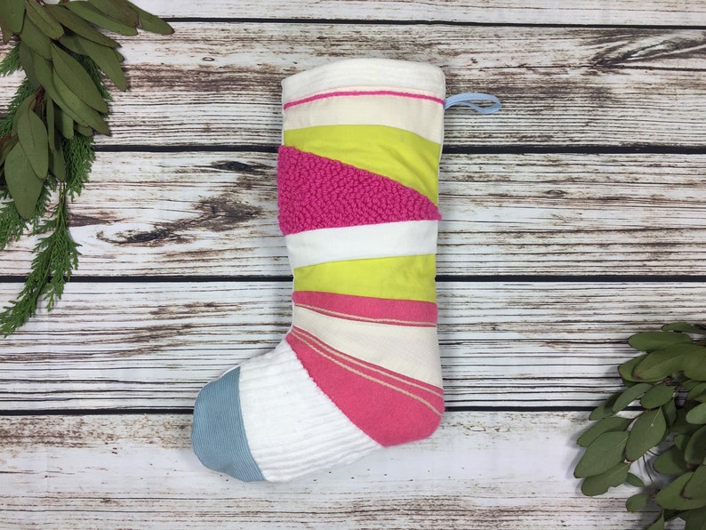 Bright Handmade Christmas Stocking patchwork, quilted, punch hook White, yellow, blue and pink colour block Ready to Ship image 1