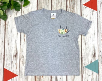 Childrens Nature 'Fill Your Cup' T-Shirt. Kids Heather grey top, nature lover applique. The great outdoors!