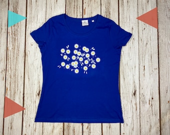 Daisy print T-Shirt. Woman's Royal Blue top, Ladies screenprinted clothing Small-2XL. Organic cotton