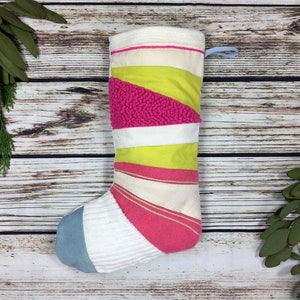Bright Handmade Christmas Stocking patchwork, quilted, punch hook White, yellow, blue and pink colour block Ready to Ship image 6
