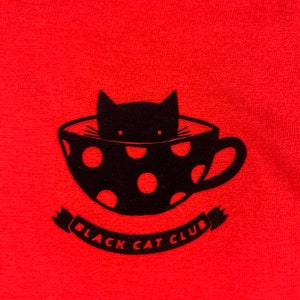 Black Cat Club Woman's Heather Grey top with teacup and paw prints. Ladies T-Shirt. Cat Lover image 5