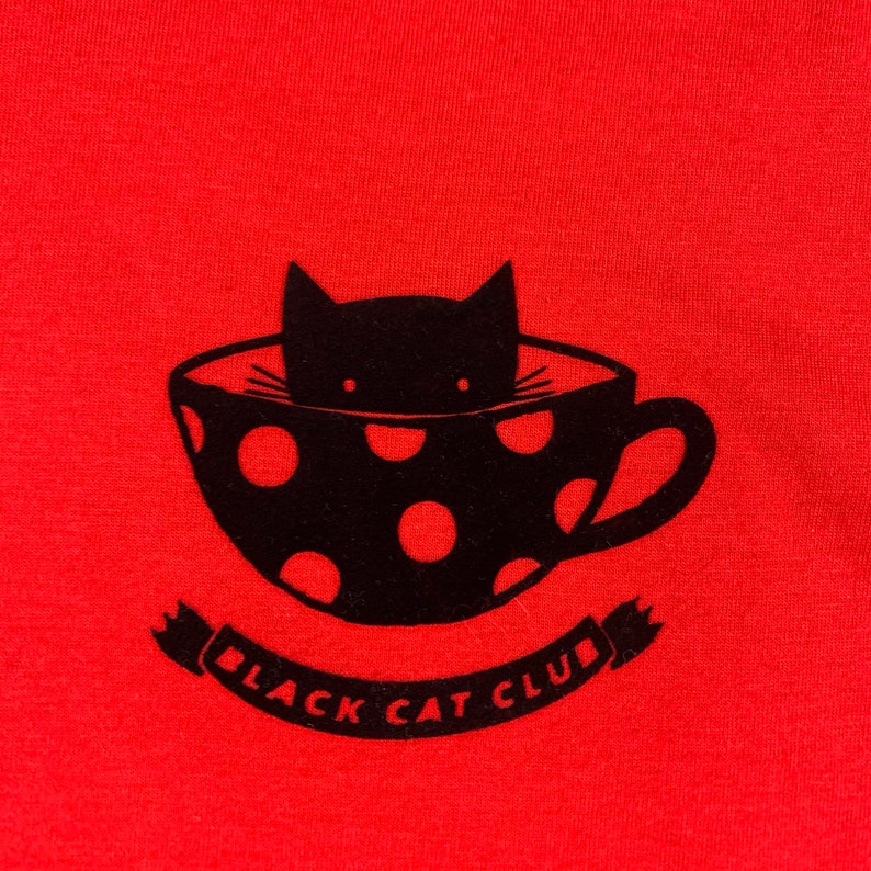 Black Cat Club Woman's Heather Grey top with teacup and paw prints. Ladies T-Shirt. Cat Lover image 5