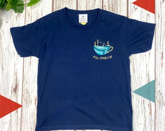 Kids cotton 'Fill Your Cup' T-Shirt. Navy Blue top, nature lover applique