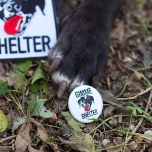 May include: A black and white patch with the text "Gimme Shelter" and a cartoon black dog with a red tongue sticking out. A smaller, round button with the same design is on the ground.