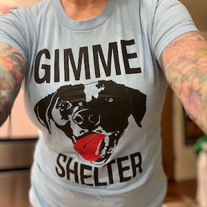Last call! Women’s Rolling Stones novelty Gimme shelter rocker tongue out vegan animal lover baby blue fitted long t shirt Rock and roll