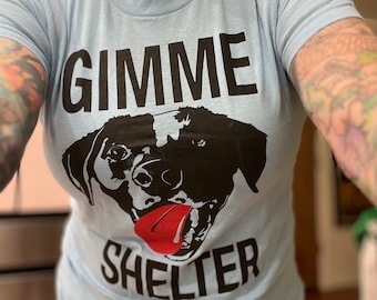 Last call! Women’s Rolling Stones novelty Gimme shelter rocker tongue out vegan animal lover baby blue fitted long t shirt Rock and roll