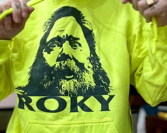 Upcycled Reworked neon hoodie sweatshirt tie dyed Roky Erickson psychedelic austin music legend one of a kind! Various size /colors