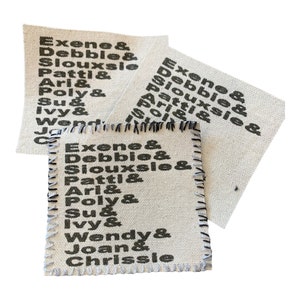 May include: Three beige fabric squares with black text listing names, including "Exene", "Debbie", "Siouxsie", "Patti", "Ari", "Poly", "Su", "Ivy", "Wendy", "Joan", and "Chrissie".