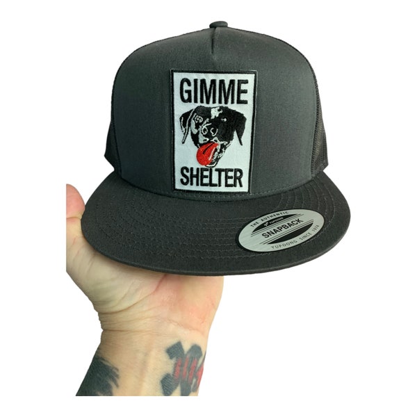 Gimme Shelter dog rescue Stones homage handmade Trucker snapback humor comedy baseball hat