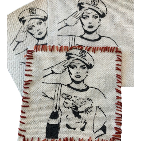 Debbie Harry Blondie the band new wave fan art handmade canvas patch iron on customized stitched/ raw/beanie