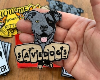 Save dogs Pitbull tattoo / iron on patch / rock n roll rescue collectible / handmade