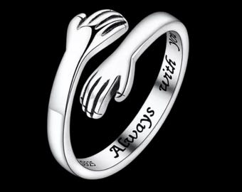 Adjustable 925 Sterling Silver Hug Ring, Open Band Engraved Ring, Gift Pouch, Gift For Her, Christmas Gift