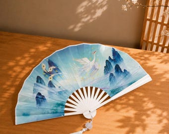 Blue Japanese Folding Fan Bamboo White Crane Silk Hand Fan Chinese Landscape Gift for Her Dance Wall Decor Oriental Art