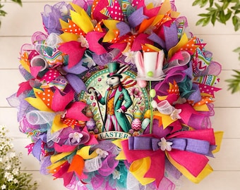 Guirlanda de Páscoa vibrante para porta de entrada – Coelho branco encantador de cartola