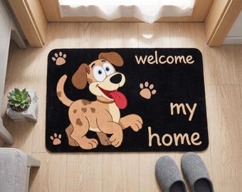 Welcome My Home Dog Doormat – Cartoon Dog, Paw Print Entrance Rug