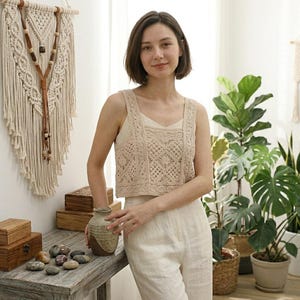 Crochet Patchwork Bralette, Handmade Beige Motif Crop Top, Boho 70s Festival Top