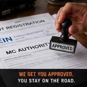 May include: A hand stamps a document labeled "DOT REGISTRATION" with an "APPROVED" stamp. The document also includes "EIN" and "MC AUTHORITY". The image includes the text "WE GET YOU APPROVED. YOU STAY ON THE ROAD."
