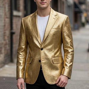 Gold Leather Blazer For Men - Snakeskin Print Statement Halloween Party