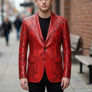 Red Snakeskin Leather Blazer For Men - Handmade Python Print Halloween