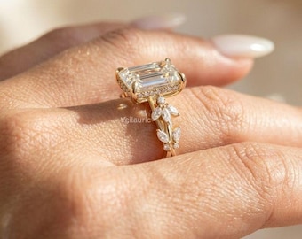 Anillo de compromiso inspirado en la naturaleza con diamante cultivado en laboratorio de talla esmeralda, anillo de oro de 14 quilates con diseño de rama y hoja, anillo con certificación IGI, regalo de pedida de mano para ella.