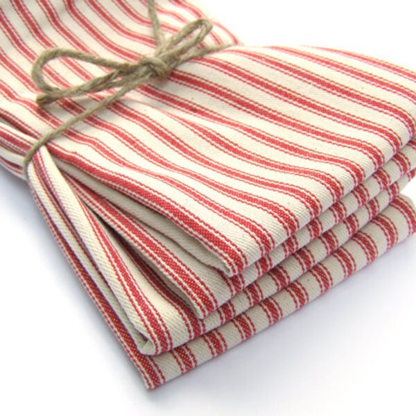 Cloth Napkins - Large Red French Ticking Stripe Cloth Napkins - Set of 4