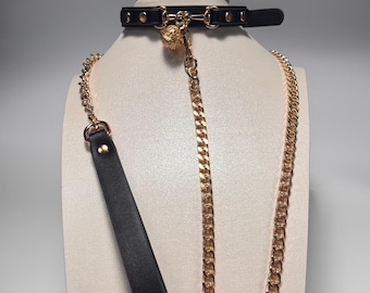 Black Gothic Choker Leather Collar Gold Bone Bell Pendant Detachable Chain